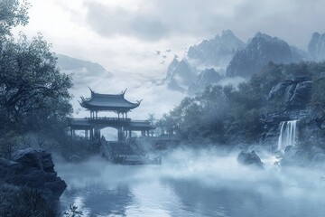 Virtual oriental ancient mythological empty scenes, ancient buildings, ancient gardens, auspicious clouds, mist, mountains, waterfalls, leaving large blank spaces for design and typesetting 