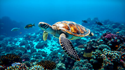 A Beautiful Sea Turtle Gliding Gracefully Through the Clear Blue Waters of a Coral Reef