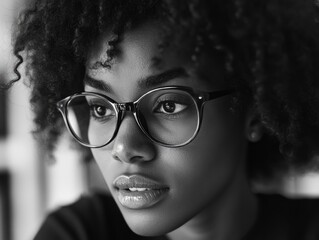 African American woman in glasses looking away from camera, deep thought.