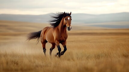 Fototapeta premium Majestic chestnut horse gallops across golden field under a cloudy sky.