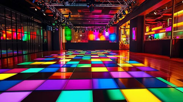 Empty colorful dance floor of a disco club illuminated by vibrant lights, suggesting an energetic nightlife atmosphere. The mood is lively and festive, ideal for a youthful, party-going crowd.