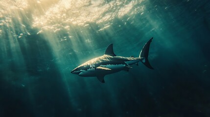Fototapeta premium Majestic great white shark swimming in sunlit ocean depths.