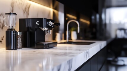 Modern Kitchen Espresso Machine and Blender on Marble Countertop
