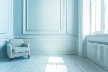 Fototapeta premium Minimalist Blue Room with Elegant Armchair by Generative Ai