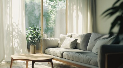 Obraz premium Sunlit space with minimalist design, neutral tones and natural light