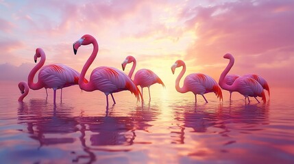 Naklejka premium Pink flamingos in a vibrant sunset.