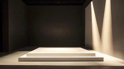 Minimalist white platform in a dark room with spotlights.