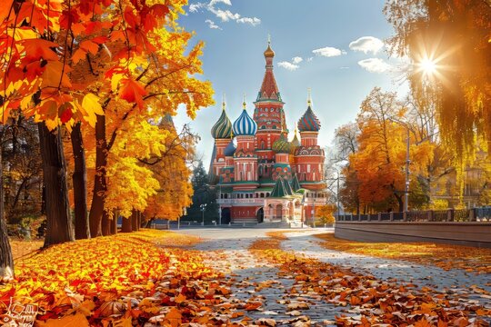 Stbasil s cathedral on red square, moscow, russia, shines brightly on a sunny autumn day