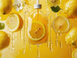 A refreshing lemonade with a burst of fresh citrus flavor, poured from a bottle into a glass. The image conveys a feeling of summer refreshment.