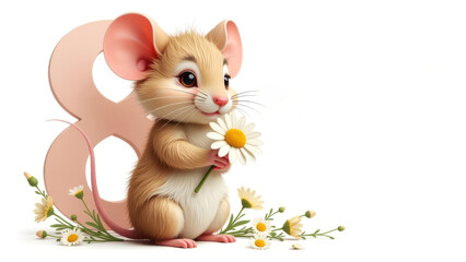 the mouse holds a daisy in its paws, next to it is a large number 8