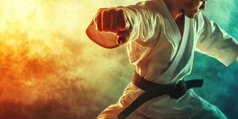Fototapeta premium A person practicing martial arts, wearing a karate gi and belt.