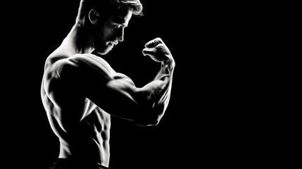 A strong man stands tall in a stunning silhouette, showcasing his welldefined muscles against a sleek black backdrop.