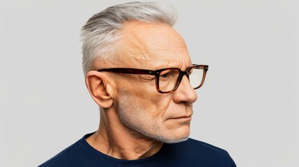 Obraz premium A charming older man in a casual tee exudes confidence and relaxation while striking a thoughtful side pose.
