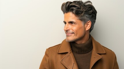 Obraz premium Middleaged man exuding confidence, relaxed pose, and a natural smile against a simple backdrop for a casual vibe.