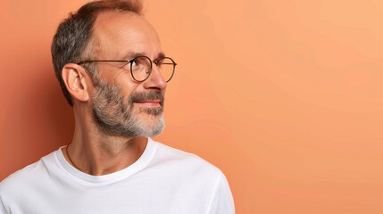 Fototapeta premium Calm and confident, this middleaged man with a beard exudes charisma while standing in a relaxed profile pose.