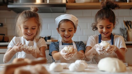 Three Young Girls Baking Dough Together In A Kitchen