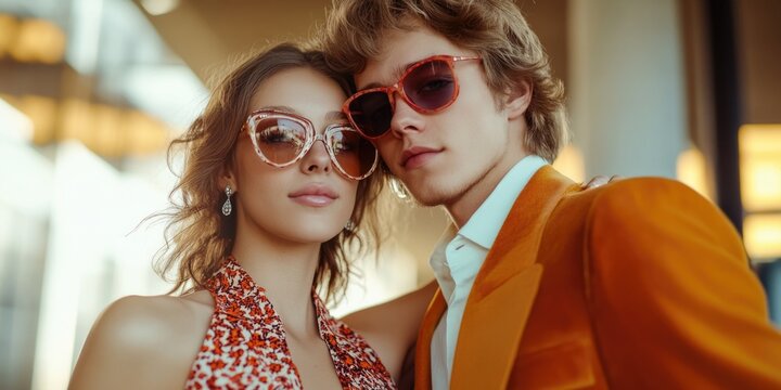 Stylish man and woman posing for the camera, with unique fashion statements