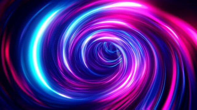 Abstract swirling neon lights with a glowing tunnel in the center
