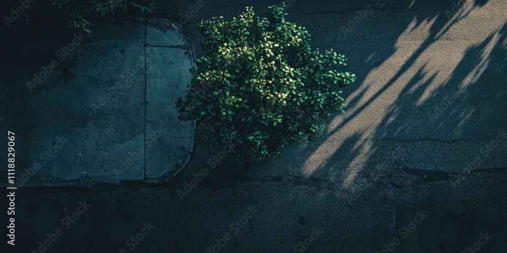 Poster tree is in the foreground of a dark background. the tree casts a shadow on the ground