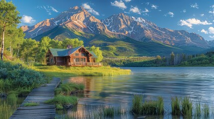 Fototapeta premium Lakeside cabin nestled in a mountain valley at sunrise.