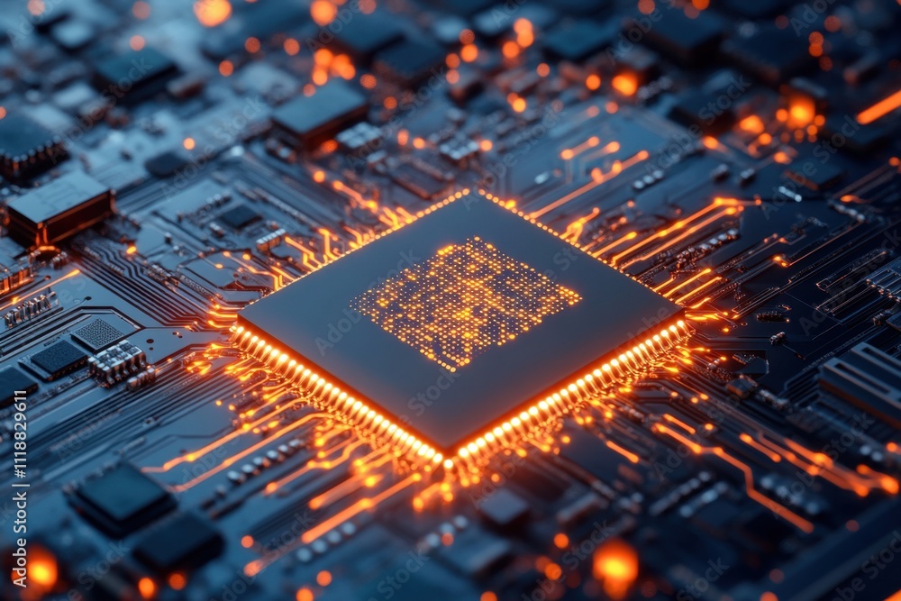 Poster 3d illustration of a glowing ai chip on a circuit board, symbolizing advanced technology and artific