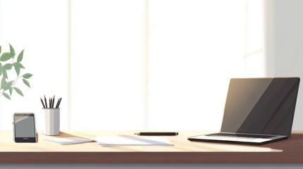 A sleek, minimalist illustration of a modern office desk with a laptop and a mobile phone. 