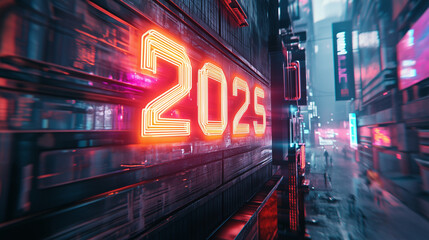 neon style 2025 sign glowing in a futuristic city