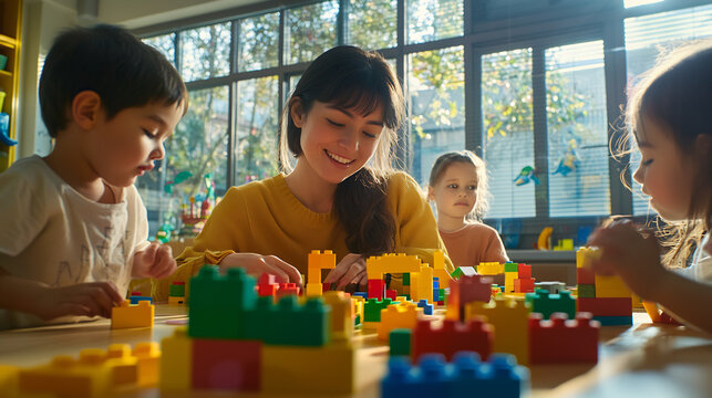 Teacher guiding children during a creative building activity with colorful blocks in a sunlit classroom. Early education, teamwork, and learning through play concept. Design for educational