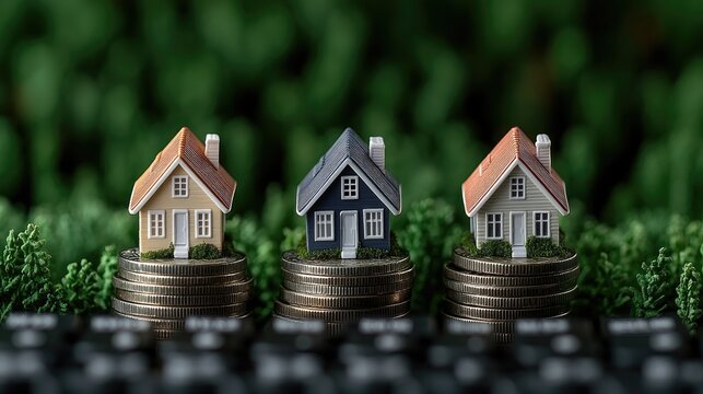 Three small houses atop coin stacks illustrate the potential of home ownership and residential investment in a blurred green background