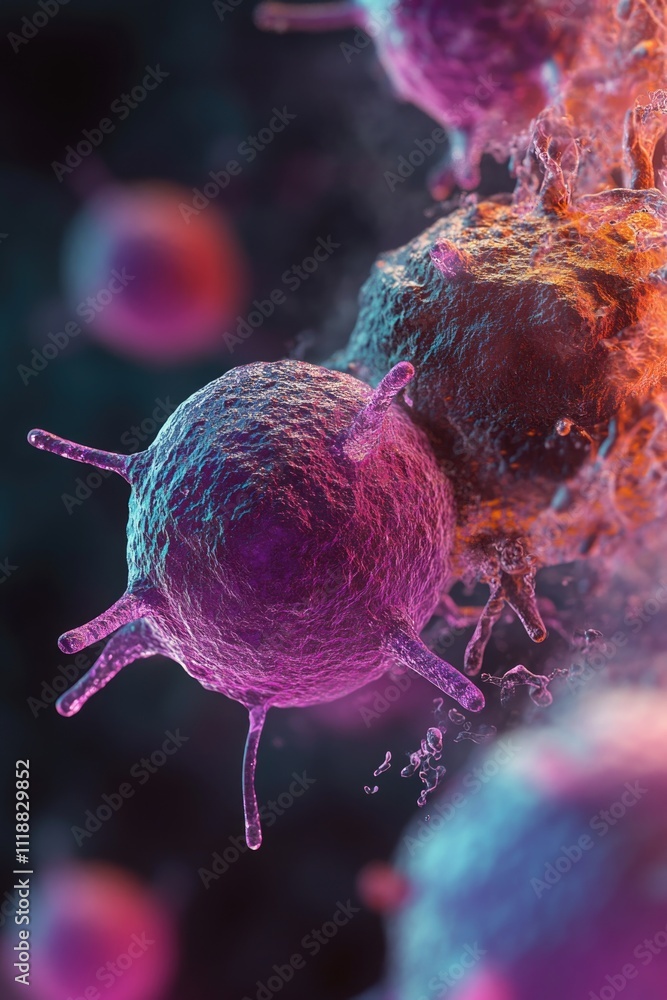 Poster microscopic image of a virus attacking a cell. this could be used to illustrate articles on viral in