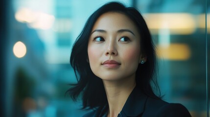 Naklejka premium A confident young Asian woman in business attire is captured in a close-up shot. She exudes professionalism and focus, showcasing a modern business look with a strong, determined expression