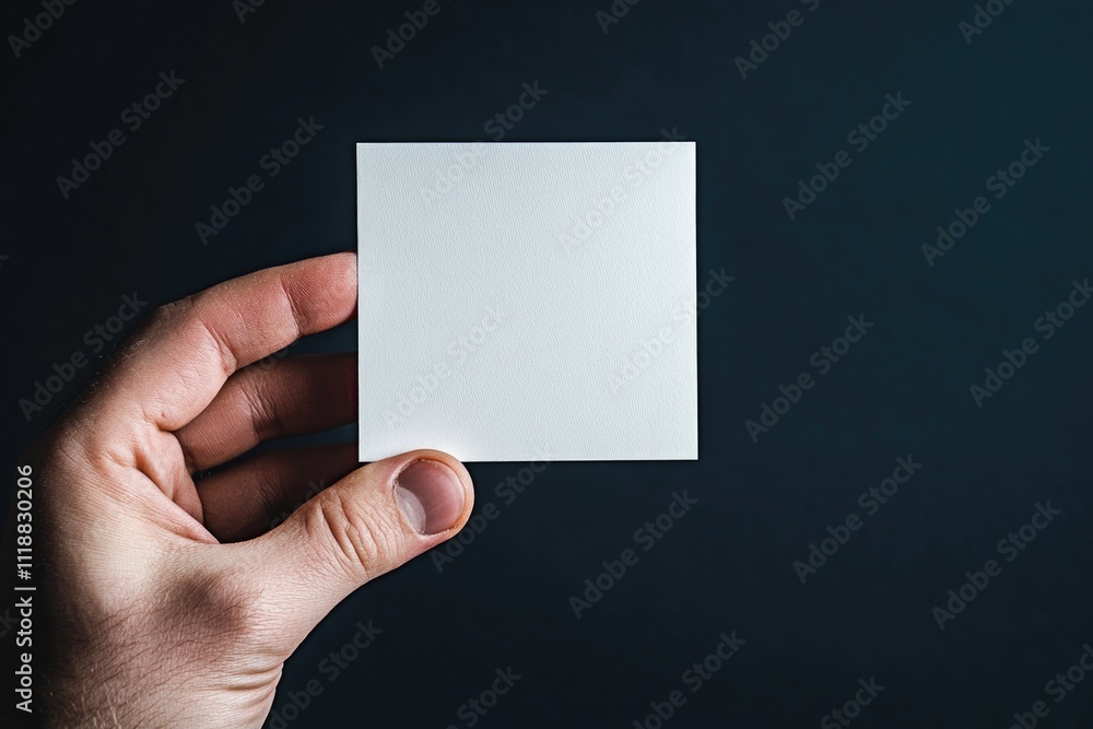 Poster a person's hand displaying a square card with a grid texture design.