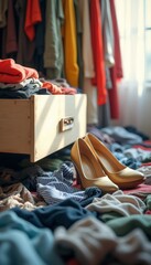 A vibrant scene captures a chaotic bedroom filled with colorful clothes strewn across the floor, while a wooden drawer stands ajar, hinting at a fashion frenzy. Golden high heels rest elegantly amidst