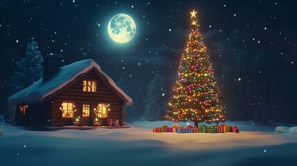 Naklejka premium christmas night in the village, Christmas tree, a house covered in snow and a full moon in the background