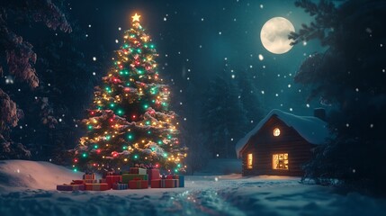 Fototapeta premium christmas night in the village, Christmas tree, a house covered in snow and a full moon in the background