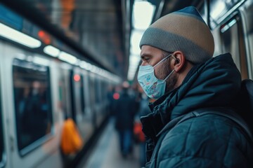A person wearing a mask and hoodie, standing on subway platform with another train in the background. A symbol of public safety measures during pandemic times.
