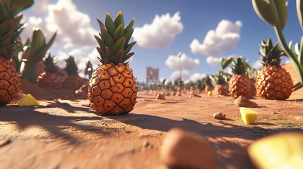 Pineapple harvest desert landscape 3d animation vibrant environment close perspective tropical theme