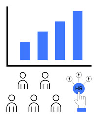Bar chart growth people icons, HR button with hand cursor. Ideal for HR, employee management, business analysis, workforce development, team building, recruitment, performance metrics. Line metaphor