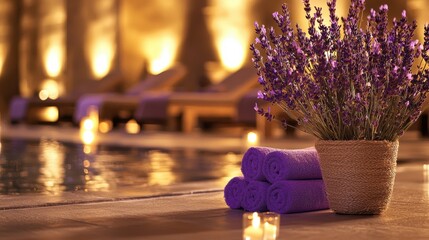 Relaxing spa experience with lavender decor tranquil poolside setting serene atmosphere