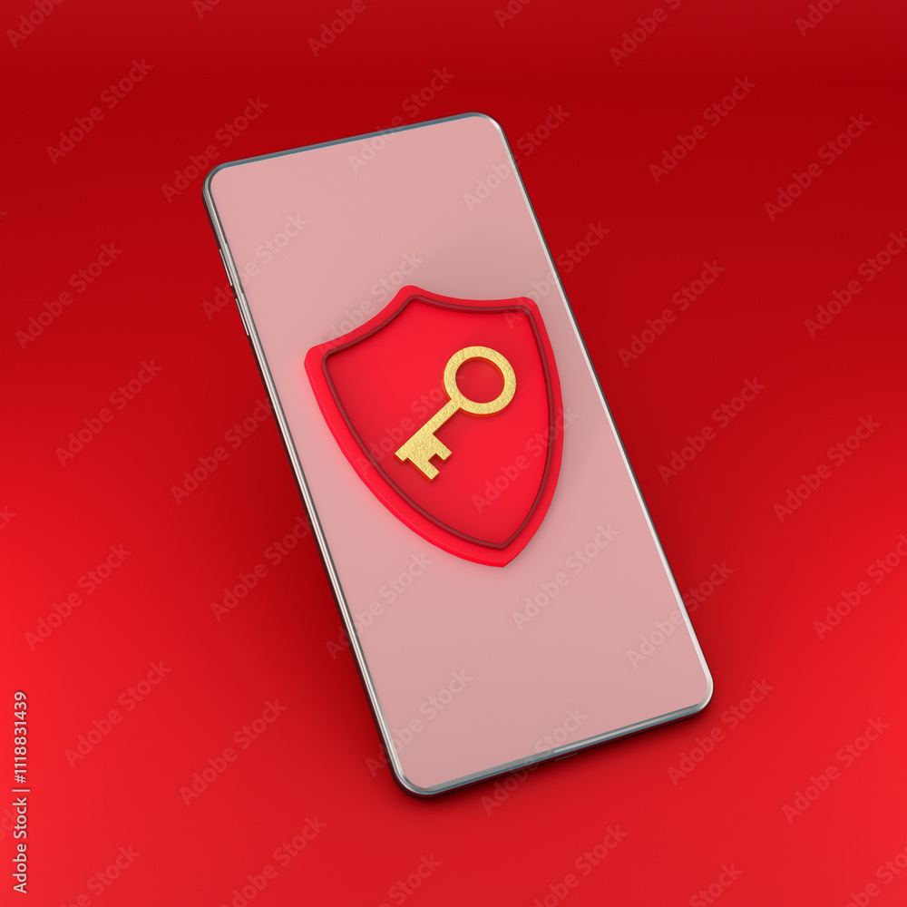 Poster smartphone with security shield and key on red background