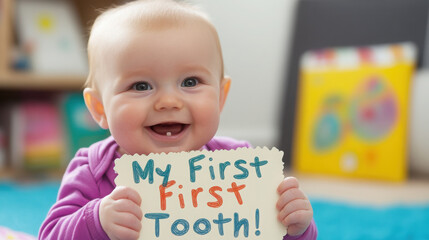 Adorable baby celebrating first tooth milestone with handmade sign