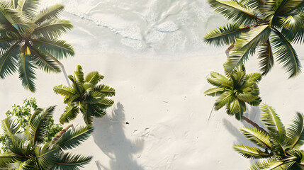 Capture the topdown perspective of a beautiful sandy beach lined with vibrant palm trees. Perfect for summer vacation promotions, travel advertisements, and tropical holiday imagery