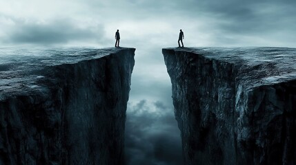 Symbolic Image of an Abyss with Two Figures on Opposite Sides, Evoking Themes of Separation, Challenge, and Emotional Distance.