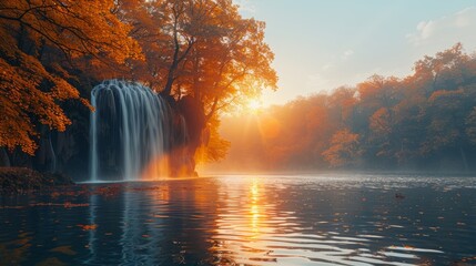 Majestic waterfall cascading into serene lake at sunrise, surrounded by vibrant autumn foliage.