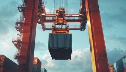 Fototapeta premium Container being lifted at shipping port front view Cargo handling efficiency