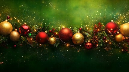 Square banner with gold and red Christmas symbols and text. Christmas tree, balls, golden tinsel confetti and snowflakes on green background. Header for website template