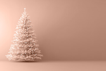 Naklejka premium Unique mocha mousse beige Christmas tree with glowing led lights on background with copy space. Modern trendy tone hue shade