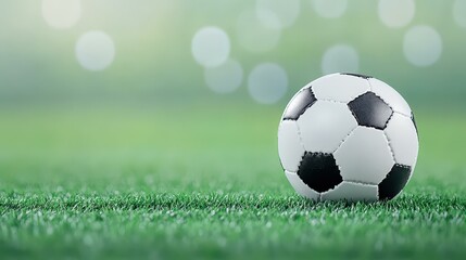 Fototapeta premium A vivid closeup of a soccer ball resting on the field line, with a soft focus background enhancing the game atmosphere.