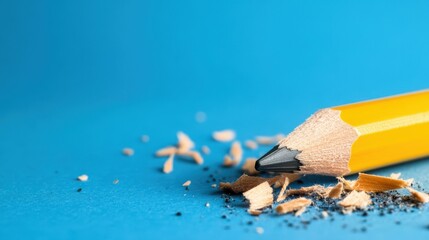 A sharp pencil tip stands out against a soft blue backdrop, surrounded by delicate wood shavings for a creative touch.