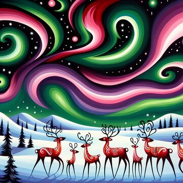 Magical Reindeer and Northern Lights in Klara Kalinycheva's Style